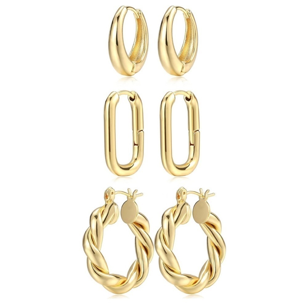 Gold Hoop Earrings| 3 Pairs| 14K Gold Plated| Lightweight| Hypoallergenic Hoops